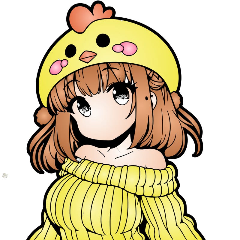 amime girl with chicken shaped hat with sweater with bere shoulders with bangs