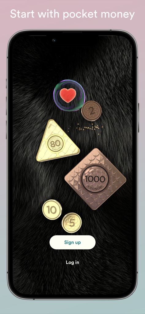 Tjing - Fun pocket money - Tjing app home screen showing virtual coins and sign up options for kids pocket money tracking.