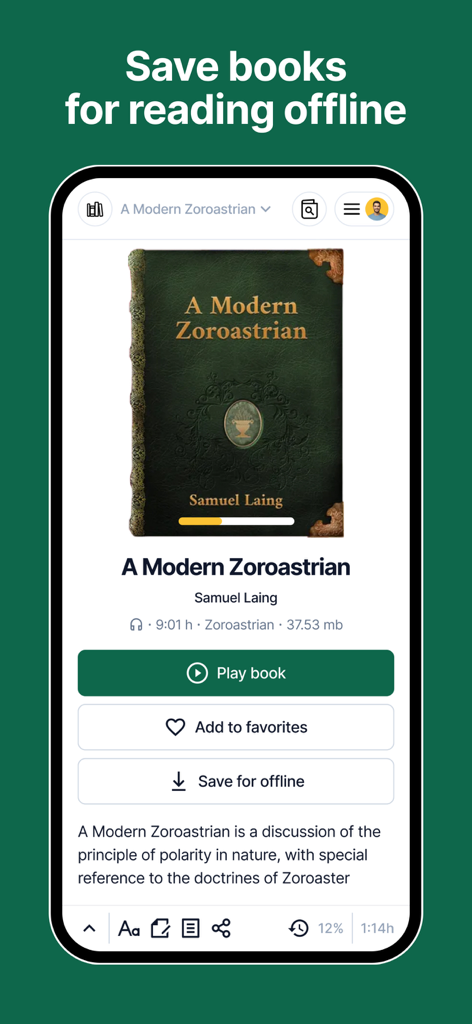 Ocean 2.0 Interfaith Reader - Ocean 2.0 Interfaith Reader app interface showing the book A Modern Zoroastrian and the option to save it for offline reading.