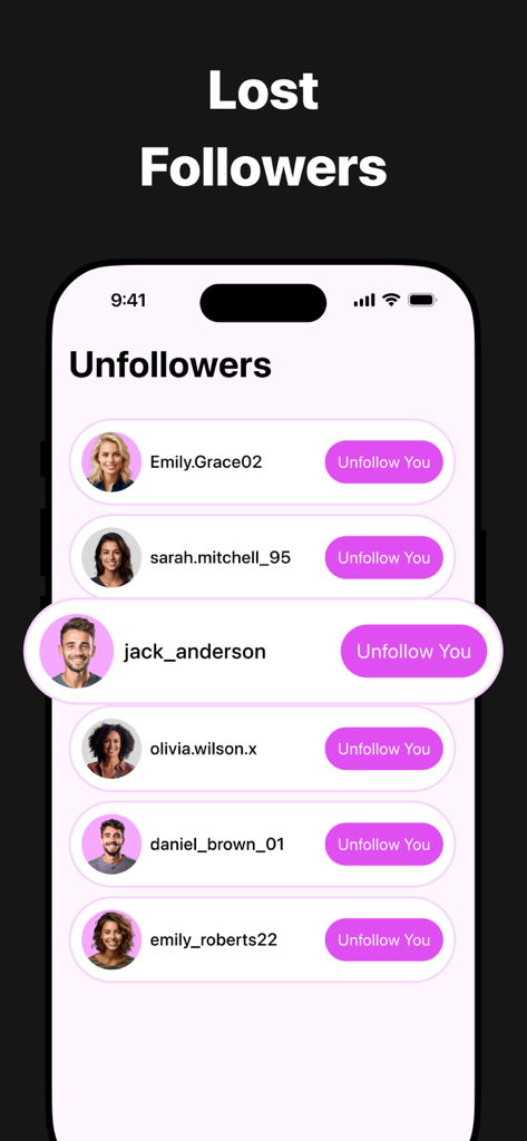 Reports: My Followers Tracker - A mobile app interface showing a list of social media unfollowers with profile pictures and usernames.