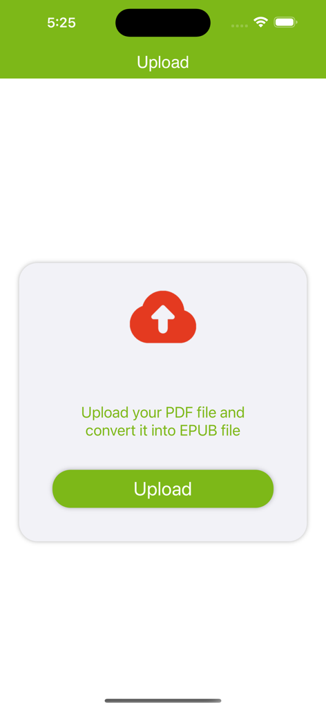 PDF To EPUB App - The upload screen of the PDF to EPUB app featuring a red cloud icon and a green upload button.
