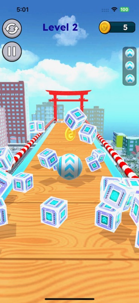 Uma bola 3D rolando em uma pista celeste em direção a um portão vermelho