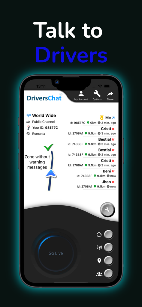 Interface of the Drivers Chat app showing active drivers and road safety information