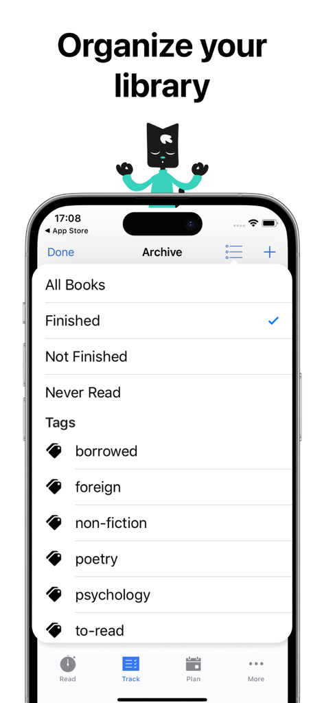 Leio - Leio app interface showing book library organization with archive categories and custom tags.