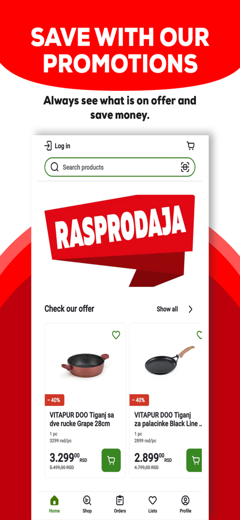 Interface da app móvel Maxi Online a mostrar banners promocionais e produtos de cozinha com desconto, como frigideiras