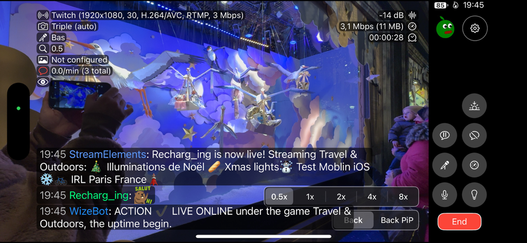 Moblin - Moblin app interface showing a live mobile stream with chat overlay and technical stream data