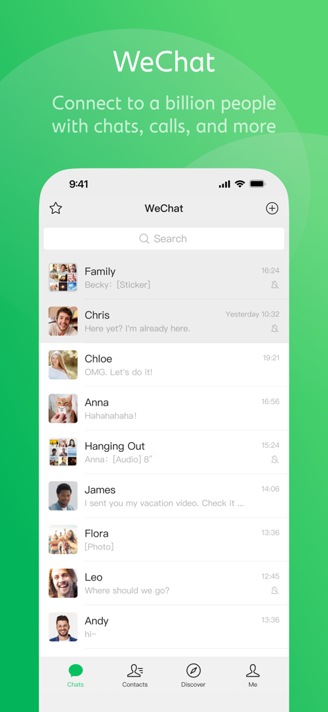WeChat mobile app home screen showing a list of chat messages with various contacts
