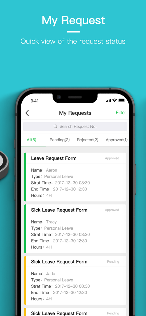 GaiaWorks mobile app interface displaying a list of employee leave and sick leave requests with their current approval status