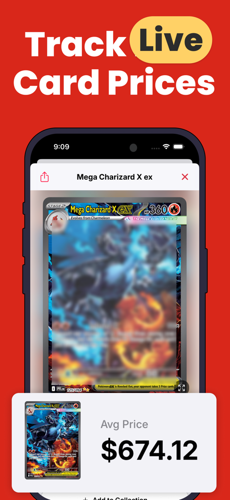 Cardex: Card Value Scanner - A mobile interface of Cardex app scanning a Mega Charizard X card and displaying its live average market price