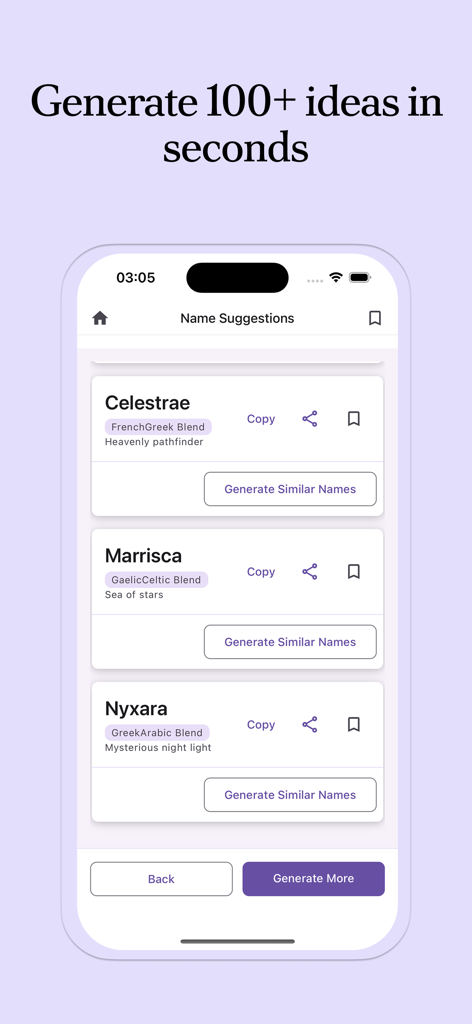 Name Generator: For Anything - Interfaz de la aplicación generadora de nombres de IA mostrando sugerencias con significados y orígenes.