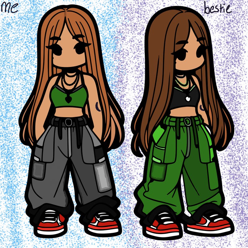 girl in baggy pants crop top and long hair