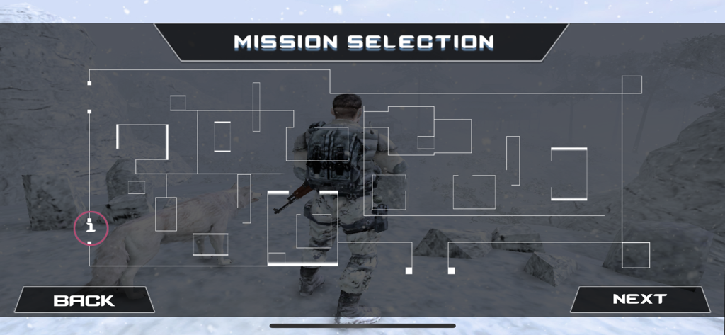 Last Day of Winter: Epic War - Interfaz de selección de misión con personaje y compañero lobo en bosques nevados