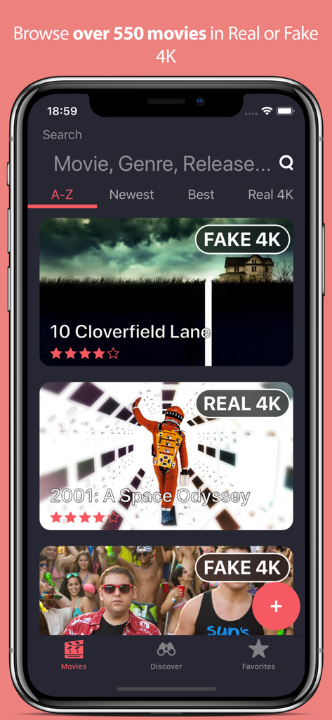Interface of the Real or Fake 4K app showing a list of movies with Real 4K and Fake 4K labels