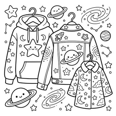 Explore the wonders of space fashion with this delightful coloring page for kids! Featuring three unique pieces of outerwear adorned with friendly planets, stars, and galaxies, it's perfect for budding astronauts and artists.