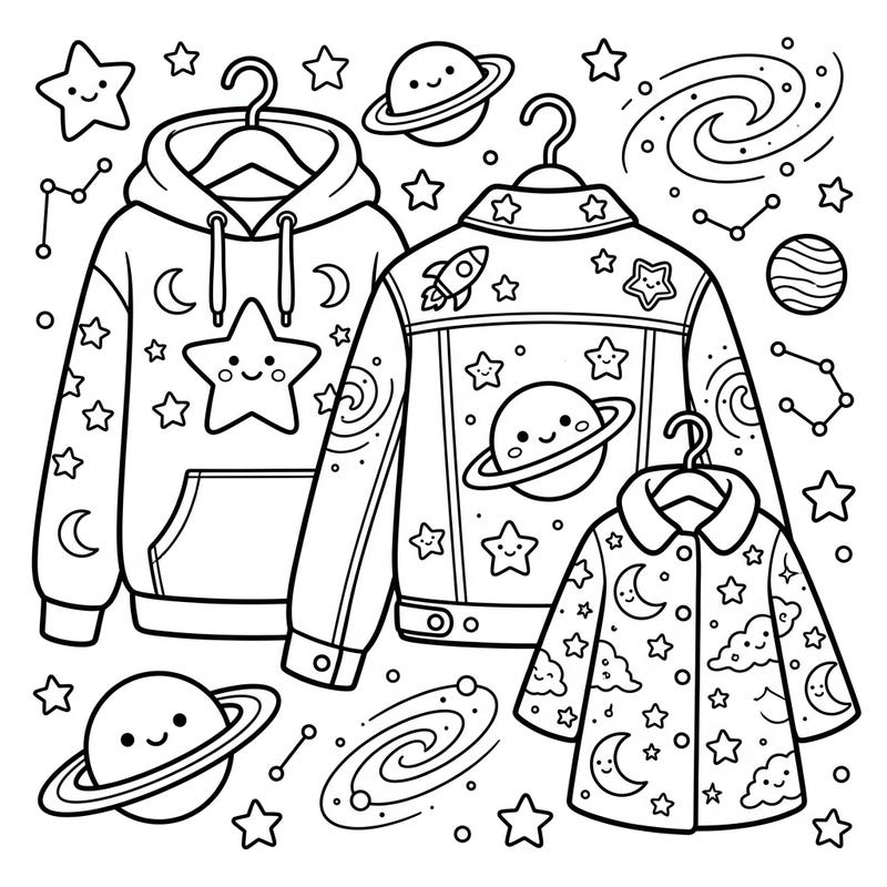 Explore the wonders of space fashion with this delightful coloring page for kids! Featuring three unique pieces of outerwear adorned with friendly planets, stars, and galaxies, it's perfect for budding astronauts and artists.