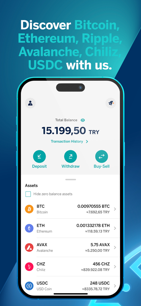 Panel de la aplicación móvil Garanti BBVA Kripto que muestra saldos de criptomonedas en Lira Turca