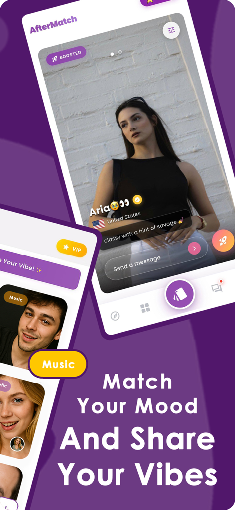 AfterMatch - Make Friends - 사용자 프로필 및 매칭 기능을 보여주는 AfterMatch 앱 인터페이스, '기분에 맞는 매치를 찾고 분위기를 공유하세요'라는 텍스트 포함