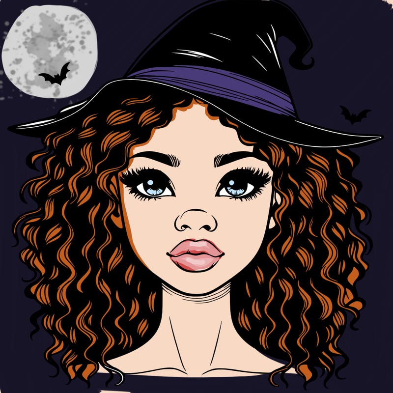 realistic black girl with wavy hair and witch hat and nose and lips