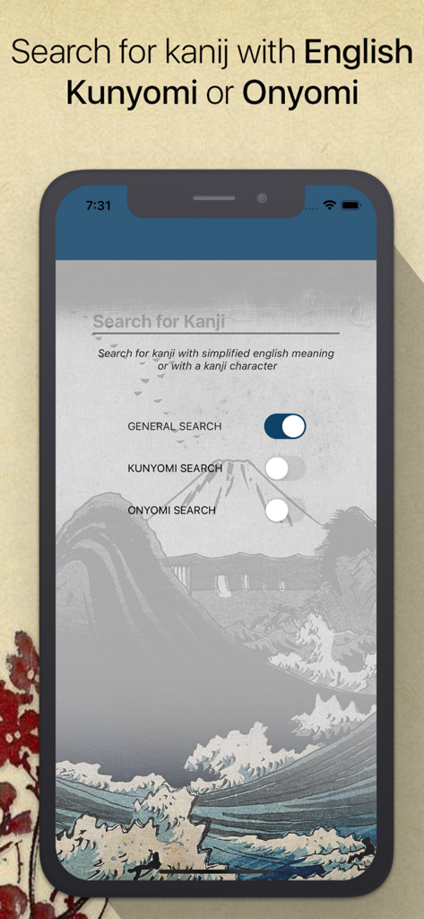 Suchbildschirm der Kanji Finder App mit Filtern für englische Kunyomi- und Onyomi-Suchoptionen