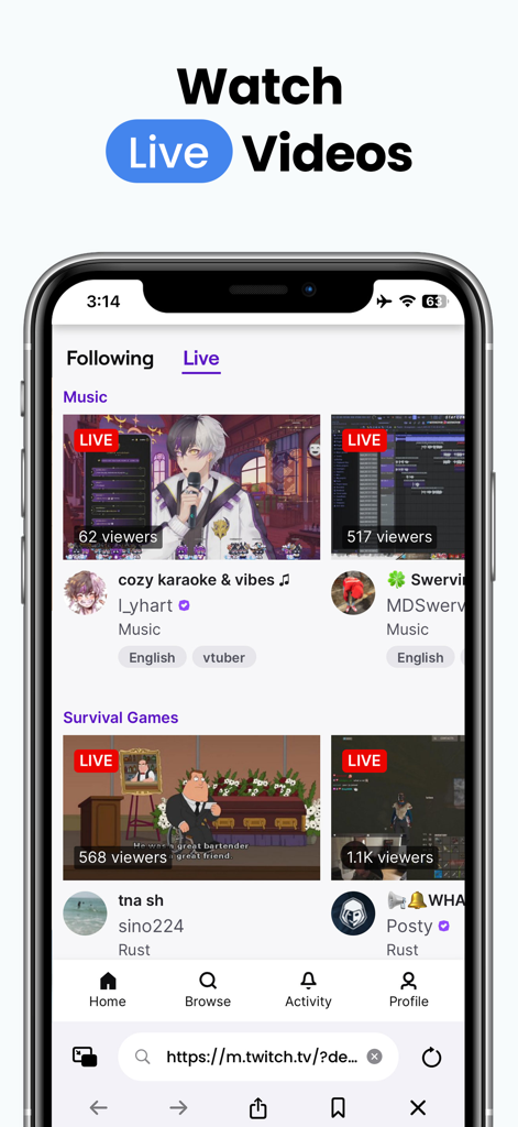 YouPIP app screen showing live video streams and music content
