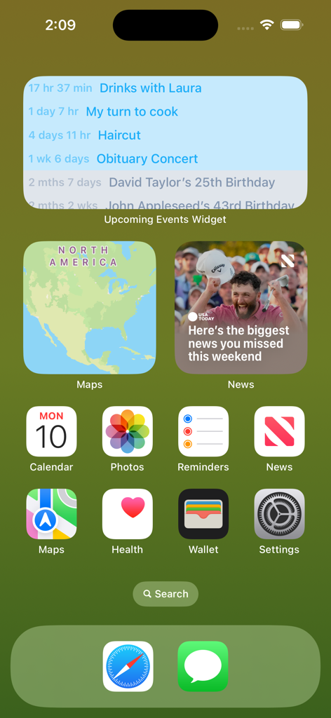 Upcoming Events Widget - iPhone home screen displaying the Upcoming Events Widget with a list of future calendar events and countdowns