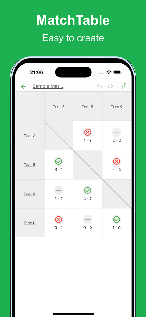 Simple MatchTable - A mobile app interface displaying a sports match result table with team scores and win loss icons
