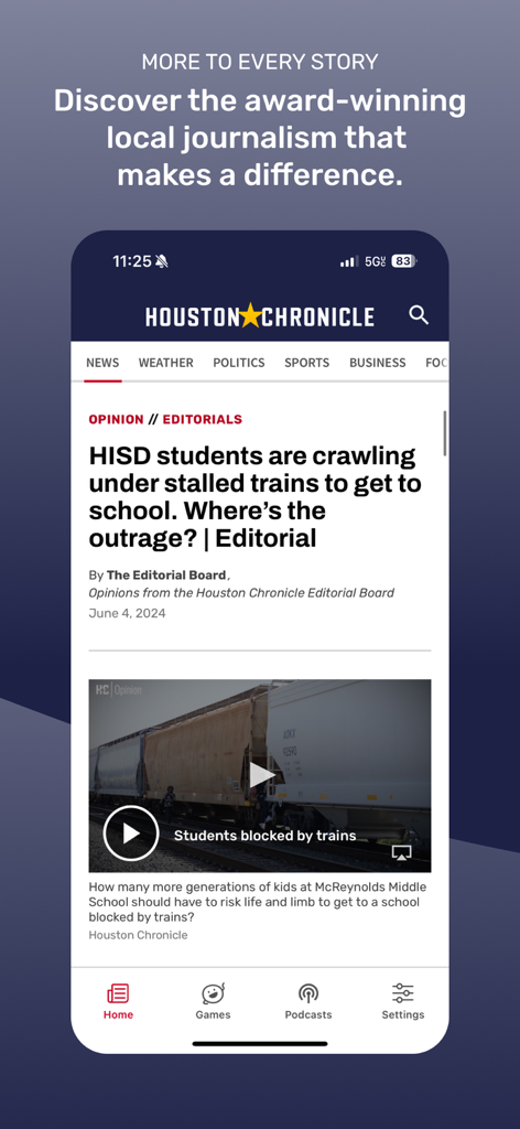 Houston Chronicle - A mobile interface of the Houston Chronicle app showing a local news editorial about HISD students with a video thumbnail.