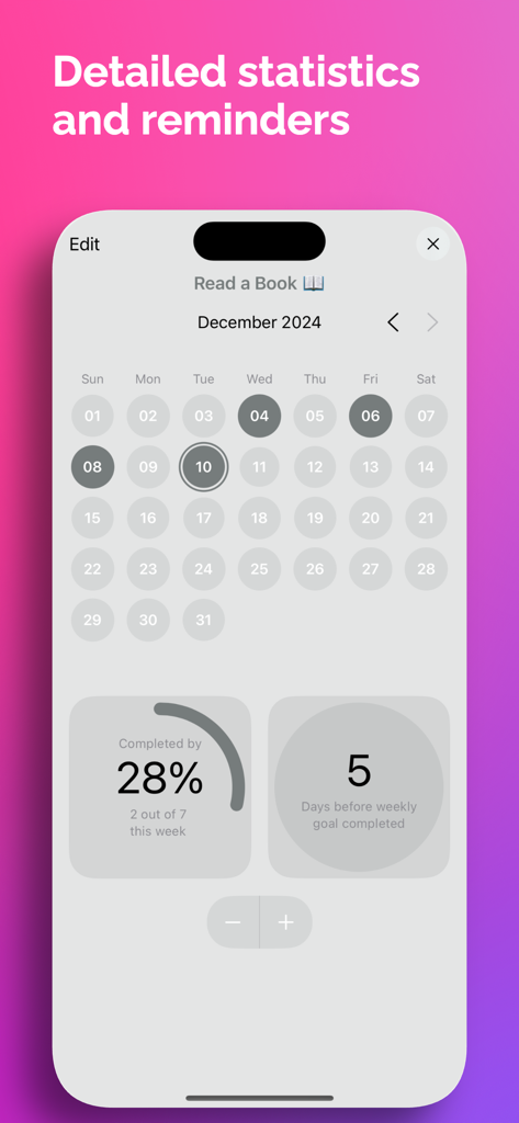 Goal: Habits & Tasks - A minimalist user interface showing habit tracking progress for reading a book with a monthly calendar and achievement percentages