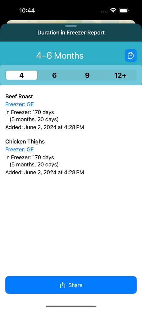 Visual Freezer Inventory - Un informe de duración en la aplicación Visual Freezer Inventory que muestra artículos almacenados durante 4 a 6 meses, incluyendo rosbif y muslos de pollo.