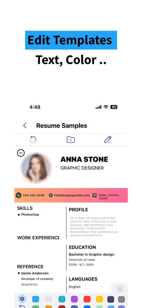 ResuME Maker - CV Jobs Builder - Mobile screen of ResuME Maker app showing professional resume template customization with text and color options