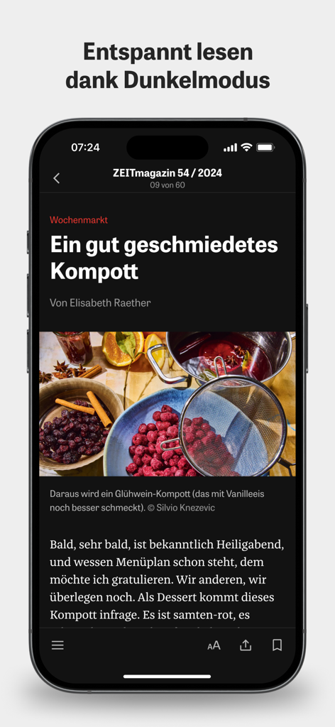 Interface de l'application DIE ZEIT E-Paper montrant un article du ZEITmagazin en mode sombre.