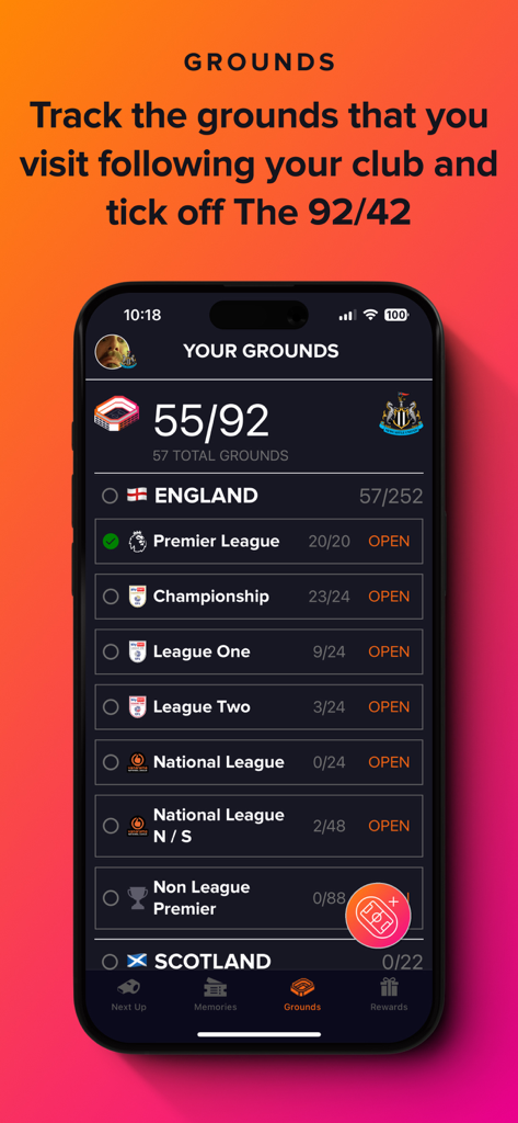 FanHub - FanHub app screen showing a user progress tracking football stadiums visited across various English leagues