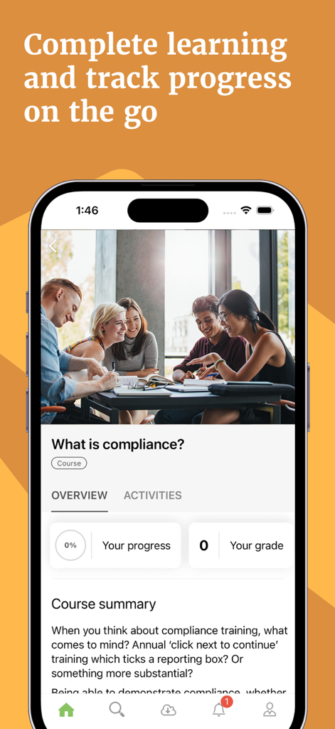 Totara - Totara mobile app displaying a compliance training course with progress and grade tracking