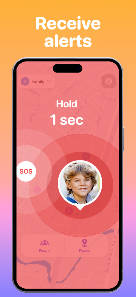Famio: Find My Family, Friends - Schermata dell'app Famio che mostra l'attivazione di un allarme di emergenza SOS per la posizione in tempo reale di un bambino.