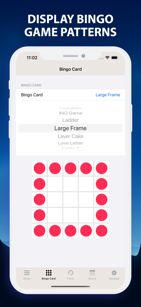 Bingo Caller at Home - User interface of the Bingo Caller at Home app displaying a list of selectable game patterns and a visual grid layout for the Large Frame pattern.