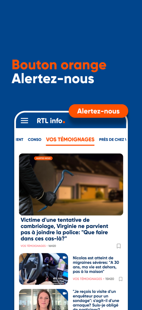 RTL info app interface showing the orange alert button and news feed with user testimonials
