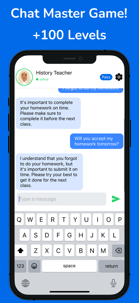 Pantalla de smartphone mostrando un juego de simulación de chat con una conversación entre un estudiante y un profesor de historia