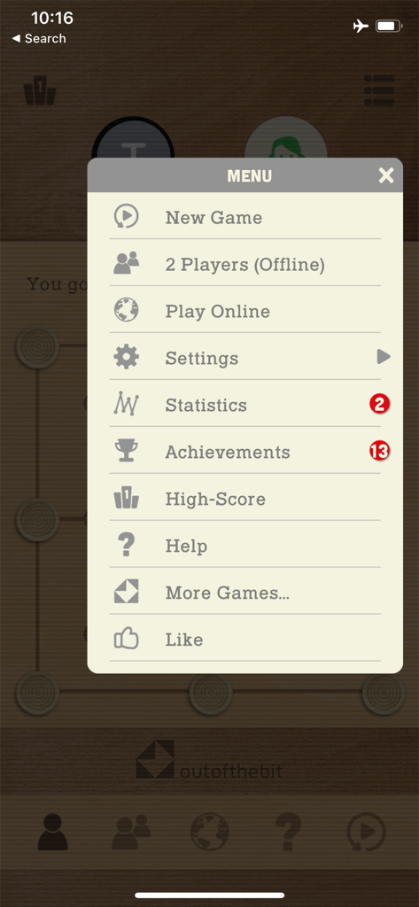 The main menu of The Mill mobile game showing options for new game, local multiplayer, and online play.