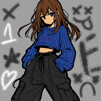 anime teen girl with baggy pants and crop top with sweater