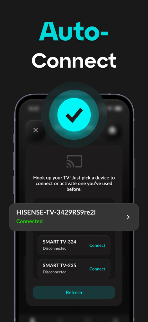Remote for Hisense TV. - Auto-connect screen of the Hisense TV remote app showing a successfully connected smart TV.