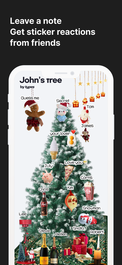 A digital Christmas tree decorated with various cute character stickers and friend names on the MyTypes app.