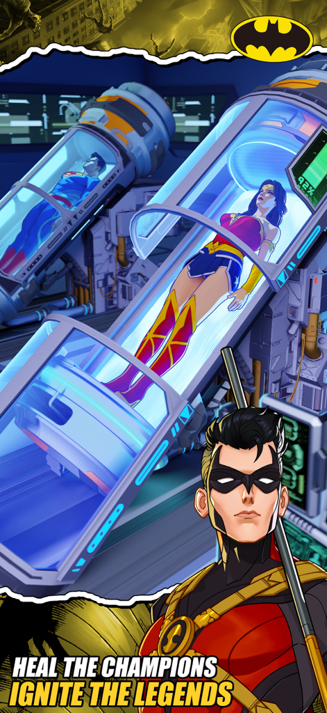 DC: Dark Legion™ - Robin frente a Superman y Wonder Woman dentro de cápsulas de curación médicas en DC Dark Legion