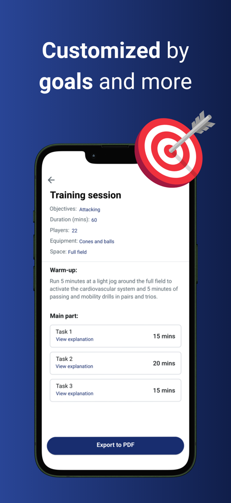 FutCoach - Interfaz de la aplicación FutCoach mostrando un plan de sesión de entrenamiento de fútbol personalizado con objetivos y ejercicios específicos
