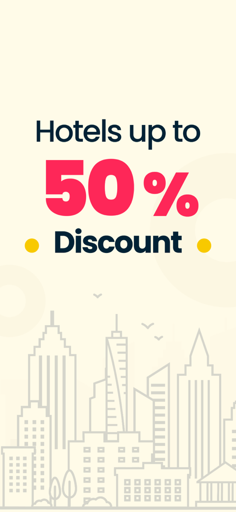 Hotel Discounts・Booking App - Promotional screen showing hotels up to 50 percent discount with a city skyline background