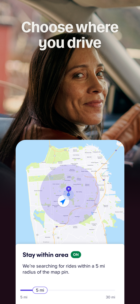 Lyft Driver App-Oberfläche, die den Standortfilter 'Innerhalb des Bereichs bleiben' auf einer Karte von San Francisco mit einem ausgewählten Radius von fünf Meilen anzeigt.