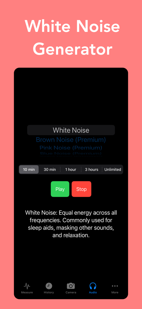 Decibel Shieldアプリのホワイトノイズジェネレーターのインターフェース。サウンドオプションとスリープタイマーが表示されています。