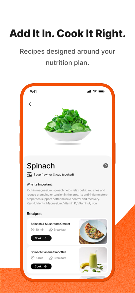 PelviX – Men’s Kegel & Health - PelviX App-Oberfläche mit Ernährungsinformationen für Spinat und gesunde Rezepte, die auf die Beckengesundheit von Männern zugeschnitten sind.