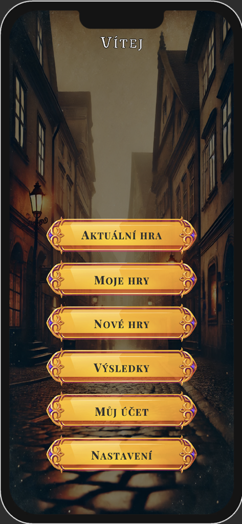 Enigma City Adventure - Main menu screen of the Enigma City Adventure app with golden buttons over a misty Prague street background