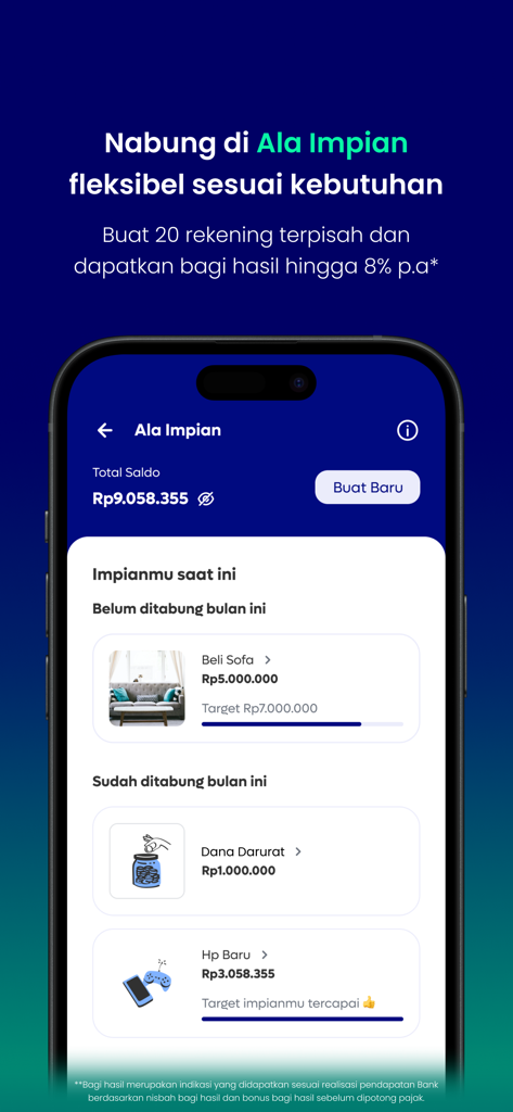 Aladin Bankアプリのインターフェース、複数の口座と進捗バーを備えたAla Impian目標ベースの貯蓄機能を表示。