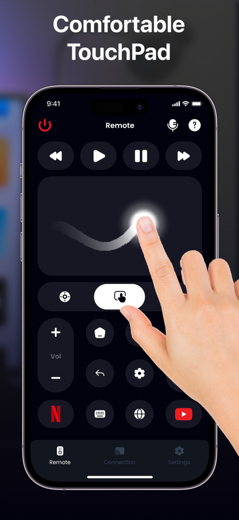 Smartphone screen displaying the Stick Master remote control app with a hand using the comfortable touchpad feature for TV navigation